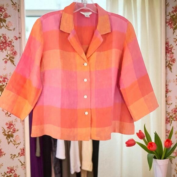Talbots 100% Linen 3/4 Sleeve Shirt
Button Down Plaid Pink Orange Size 10 - Picture 1 of 8